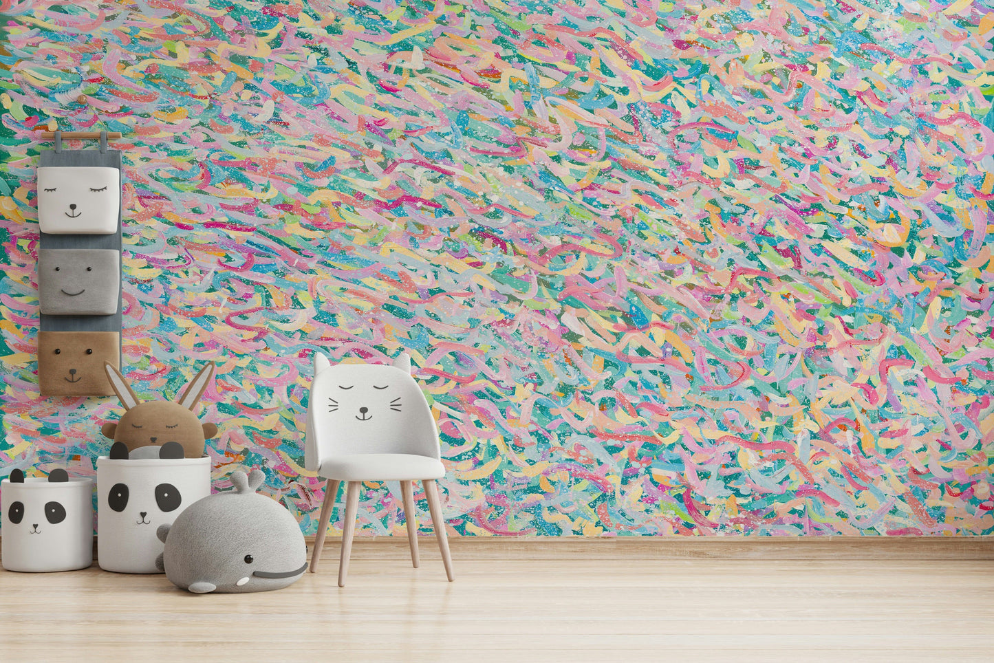 A graceful subtle pattern wall mural in bright, fun tones.

