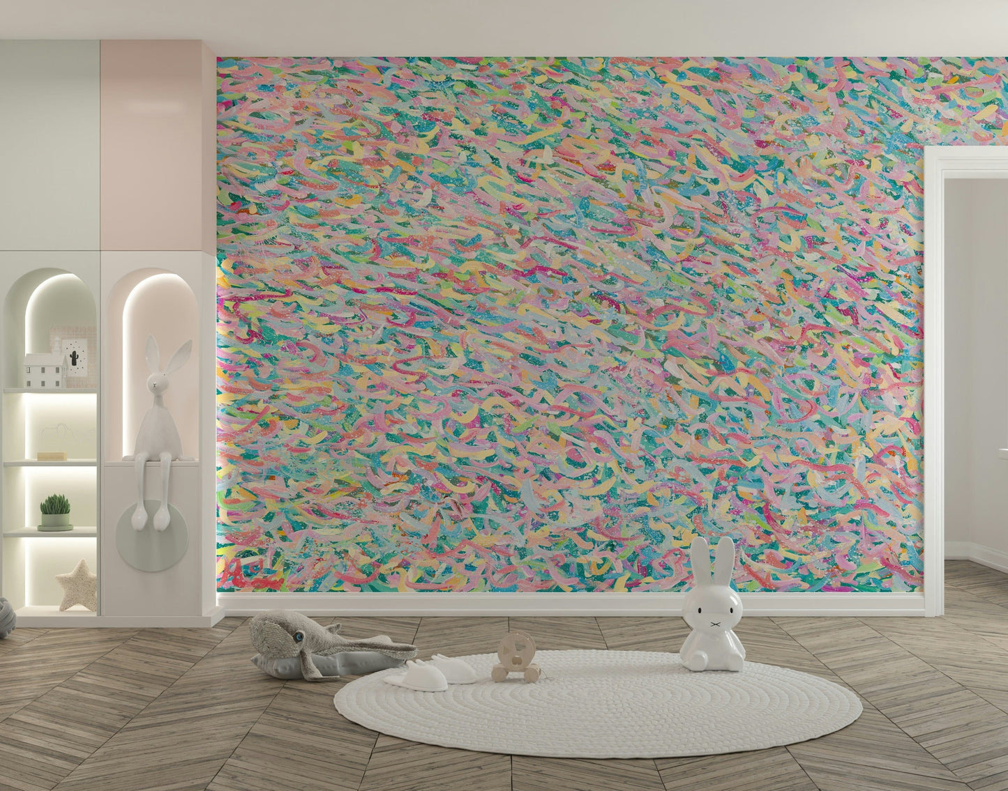 A contemplative colorful candy wallpaper mural for a feature wall.

