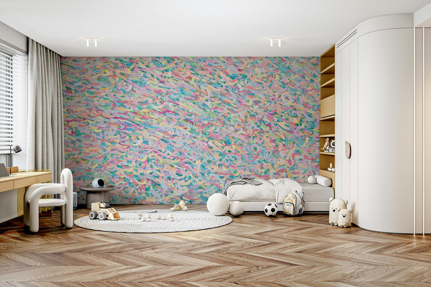 An artistic abstract sweet mural on bright wallpaper.

