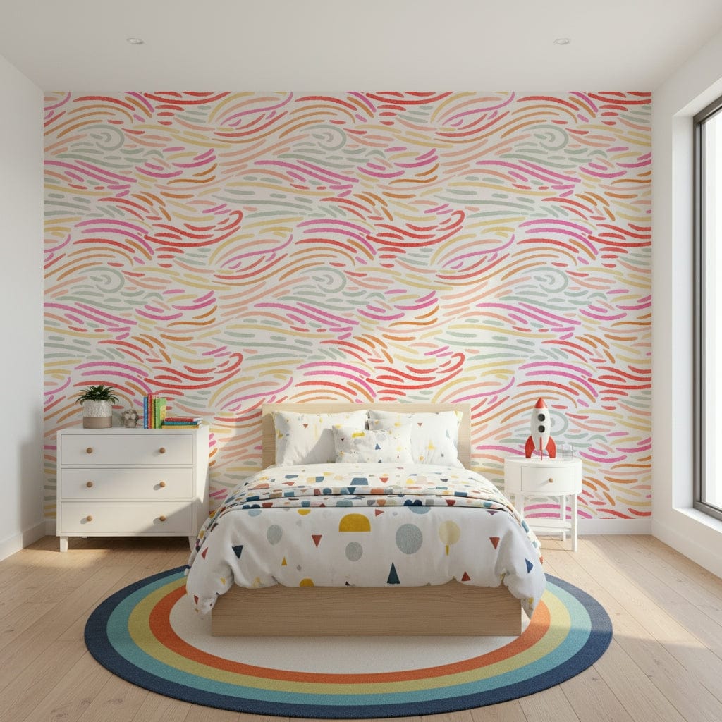 Hand-painted curve motif wallpaper, charming decorative visual, Candy Pastel Strokes.