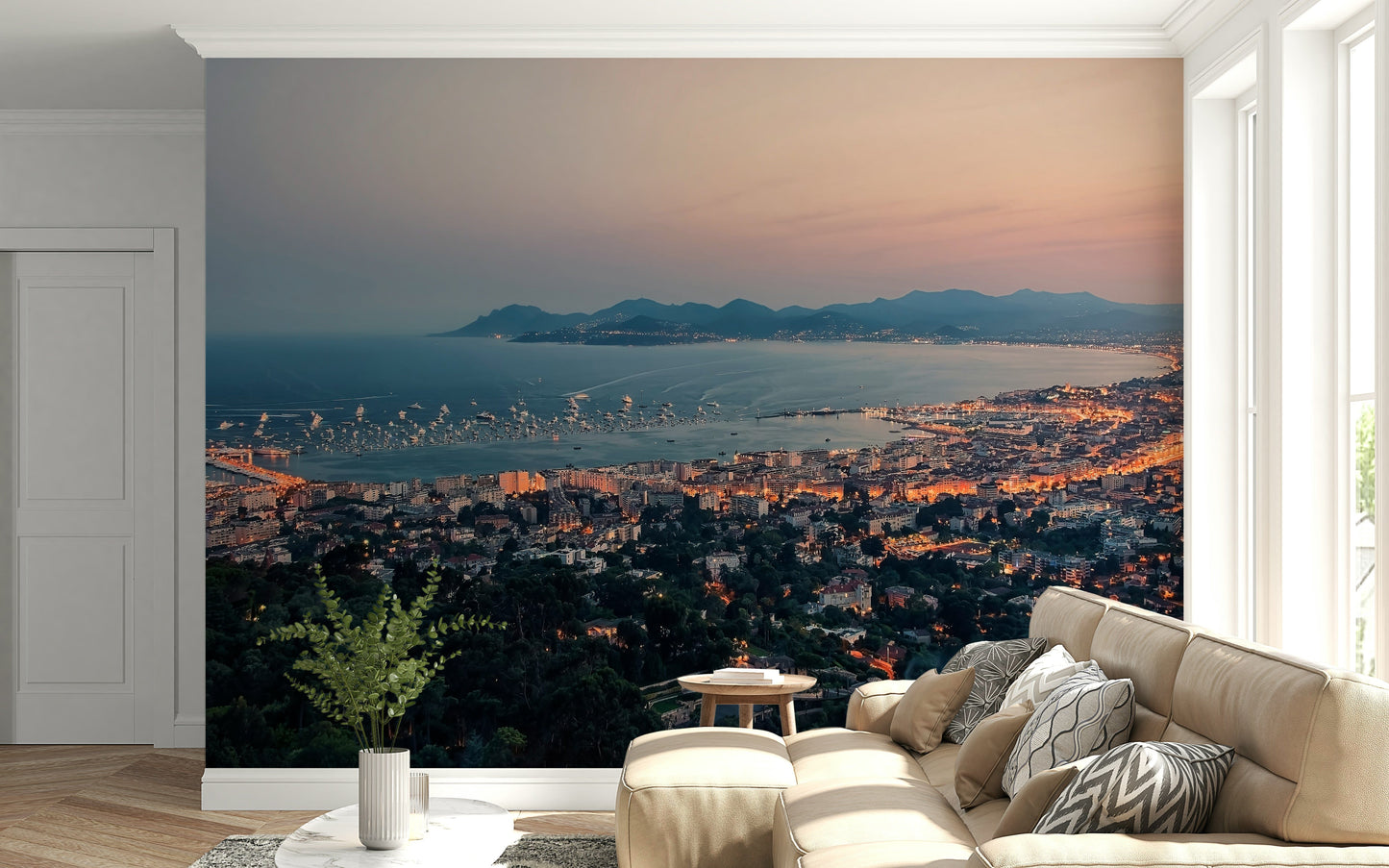 Bay of Cannes coastal mural with gentle clouds and peaceful nature view