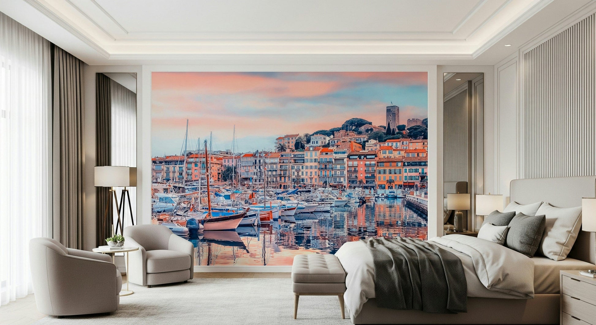 Cannes Vista wallpaper featuring pastel architecture and harbor boats