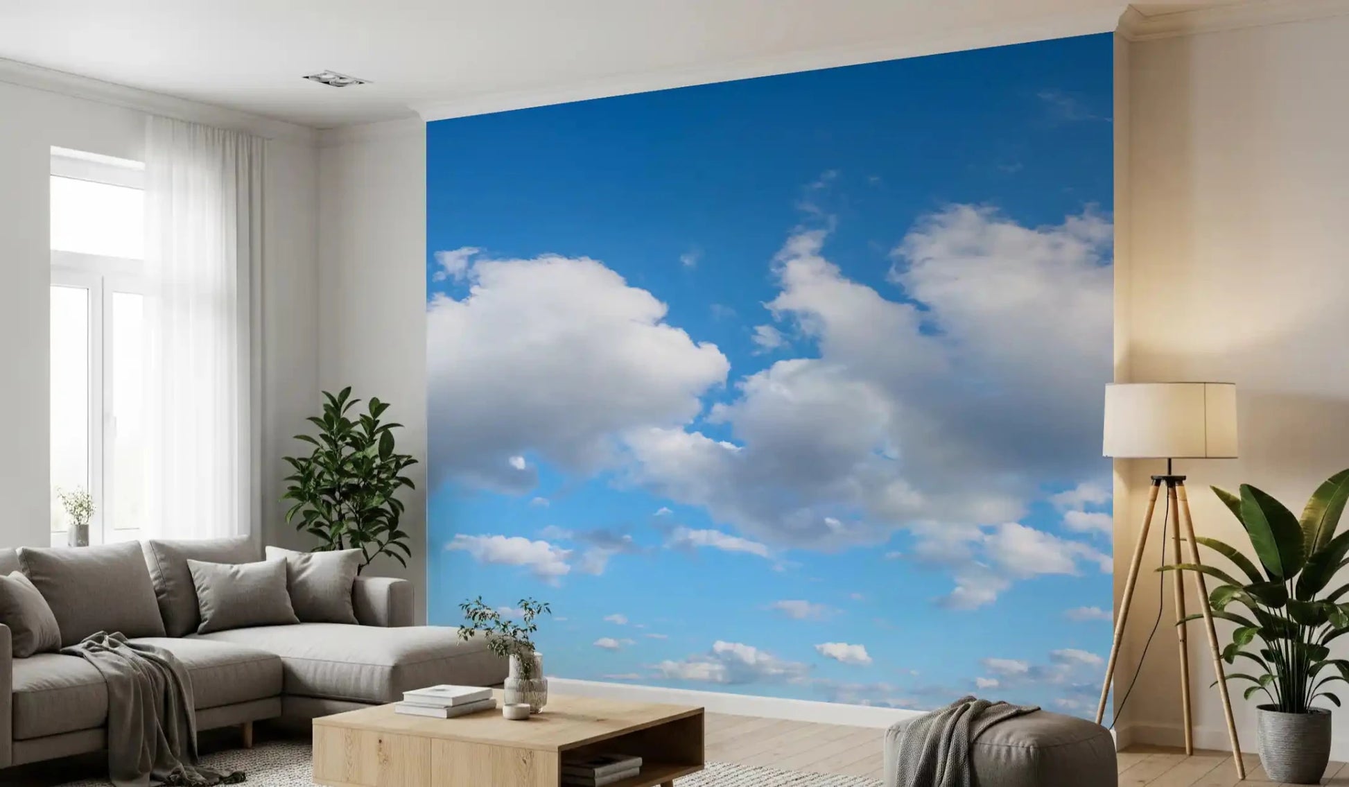 Realistic sky wall mural for a hallway peaceful interior environment 