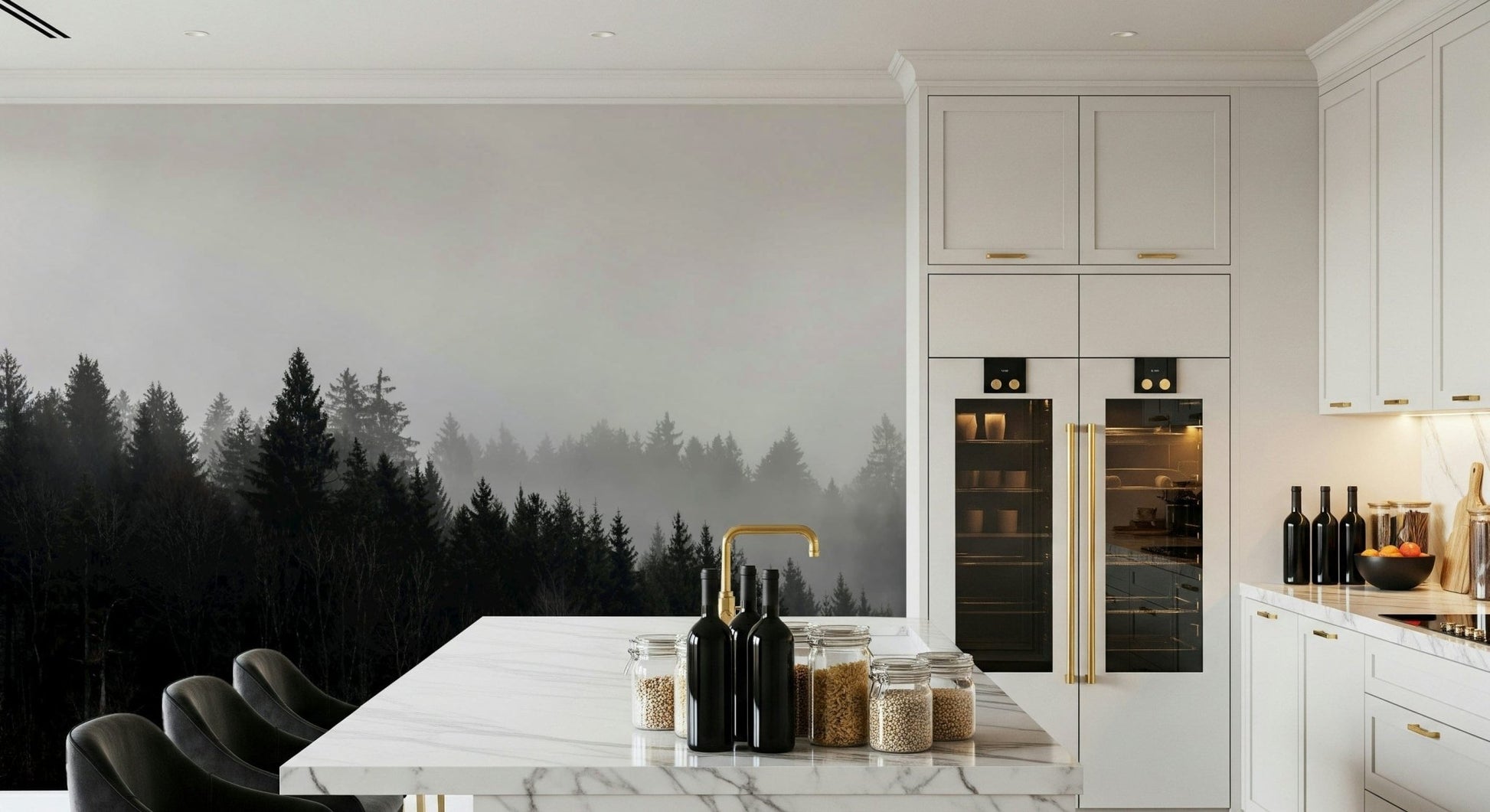 Dramatic forest wallpaper for walls, dark conifers in a dense haze.