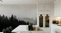 Dramatic forest wallpaper for walls, dark conifers in a dense haze.