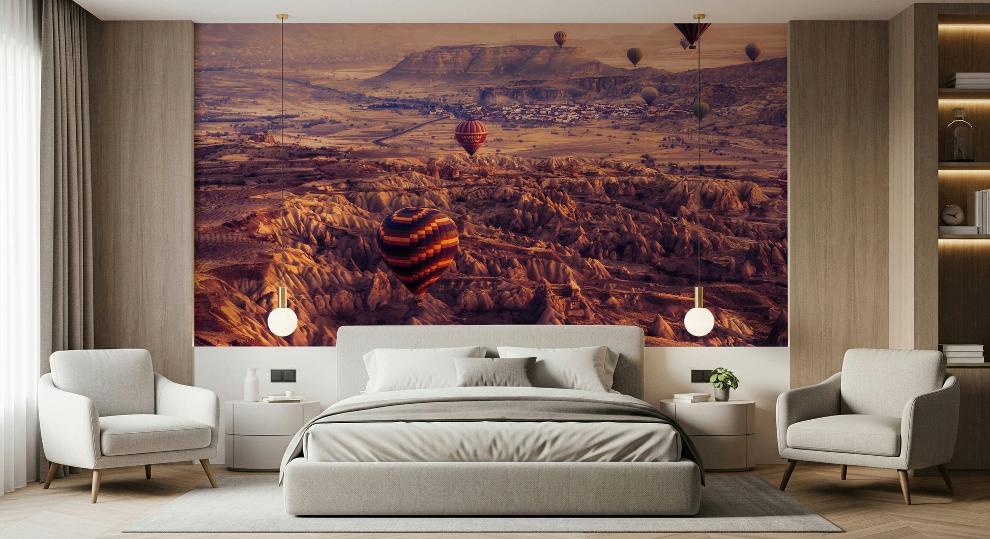 Magical Cappadocia Wall Mural – Dreamlike mural featuring pastel skies, valleys, and colorful balloons in flight.