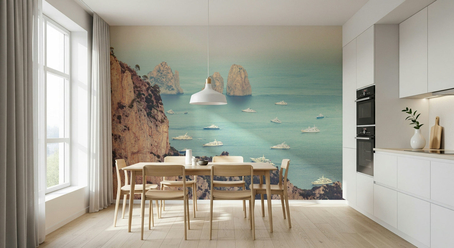 A breathtaking wallpaper portraying the Faraglioni cliffs rising dramatically above a peaceful yacht-filled bay.