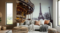 Ornate painted horses feature on Carousel Dreams peel and stick wallpaper.