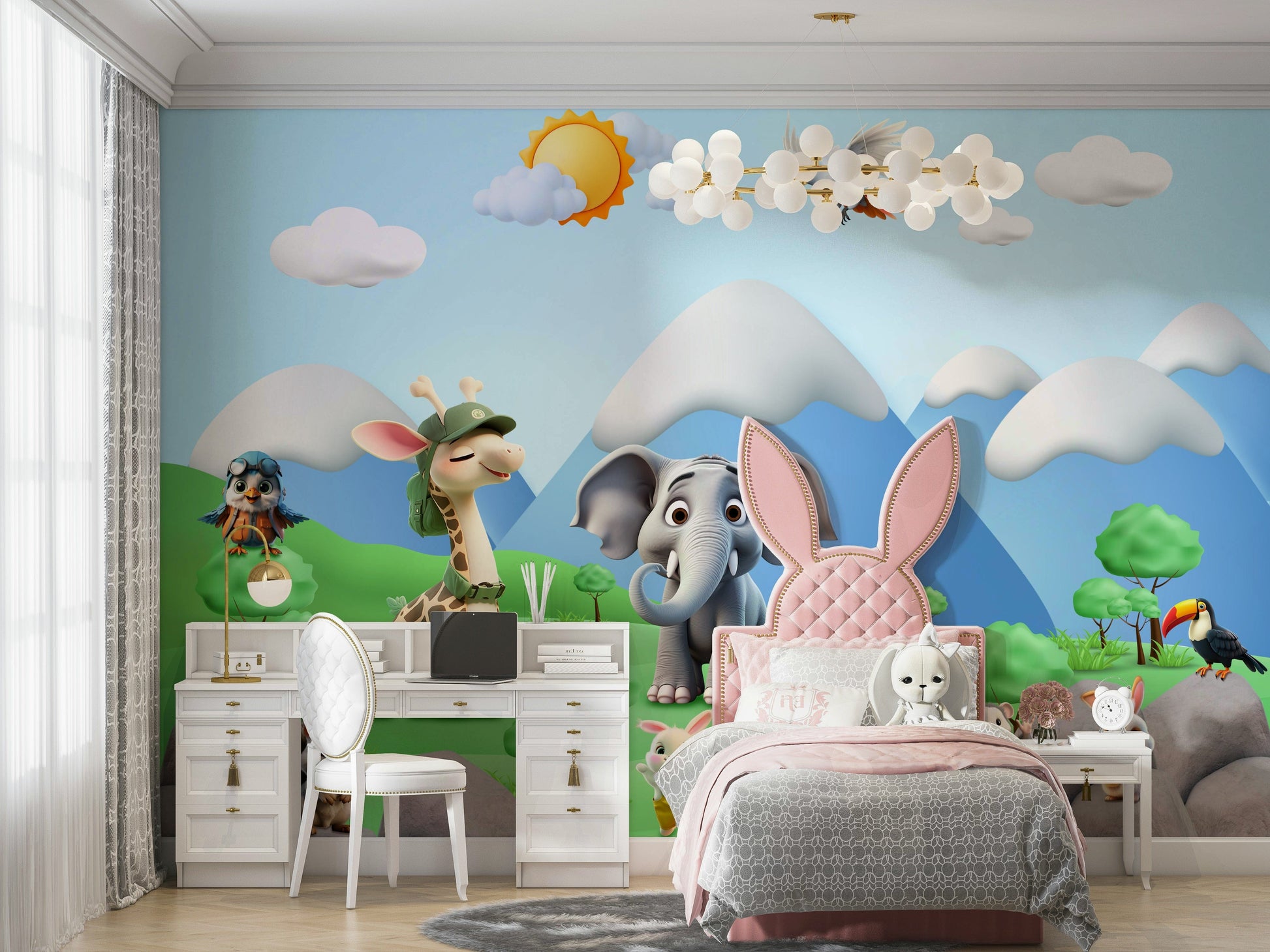 A peaceful wall mural with a whimsical, animal-themed design.

