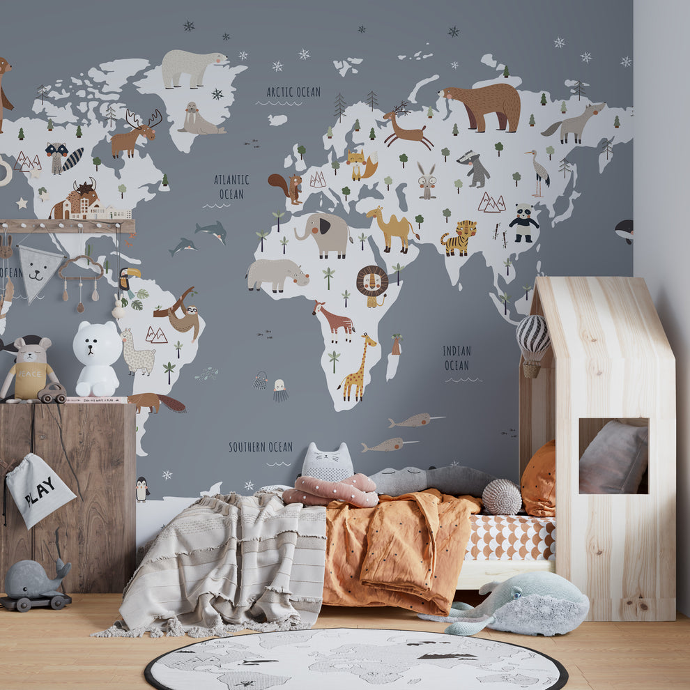 Cartoon Animals World Map Wallpaper Mural for Kids Room