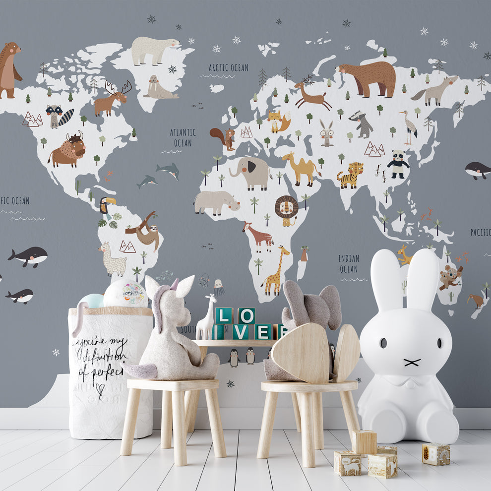 Cartoon Animals World Map Wallpaper Mural for Kids Room