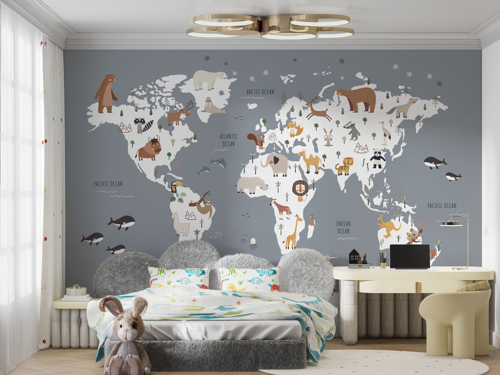 Cartoon Animals World Map Wallpaper Mural for Kids Room