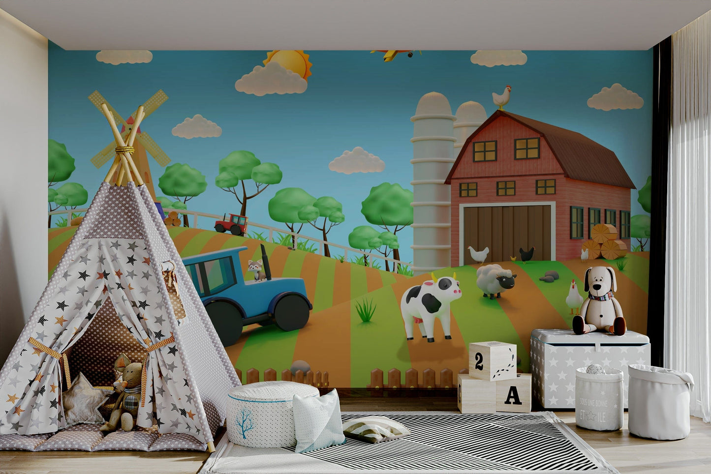 The design features a group of friendly cartoon farm animals and barnyard elements.

