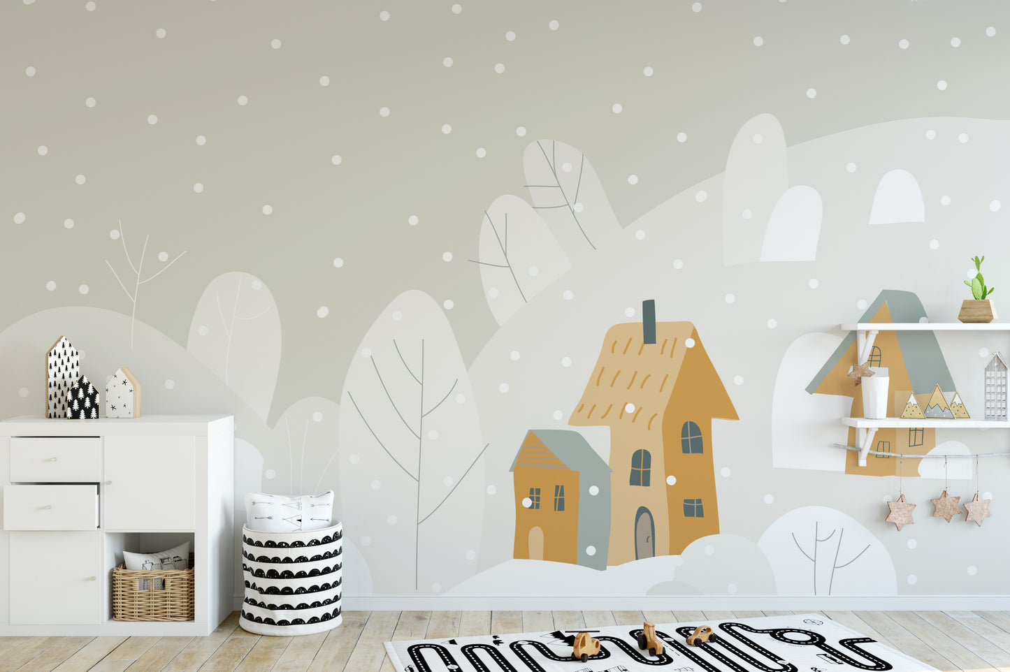 Cartoon Winter Cottages Wallpaper Mural - Giffywalls