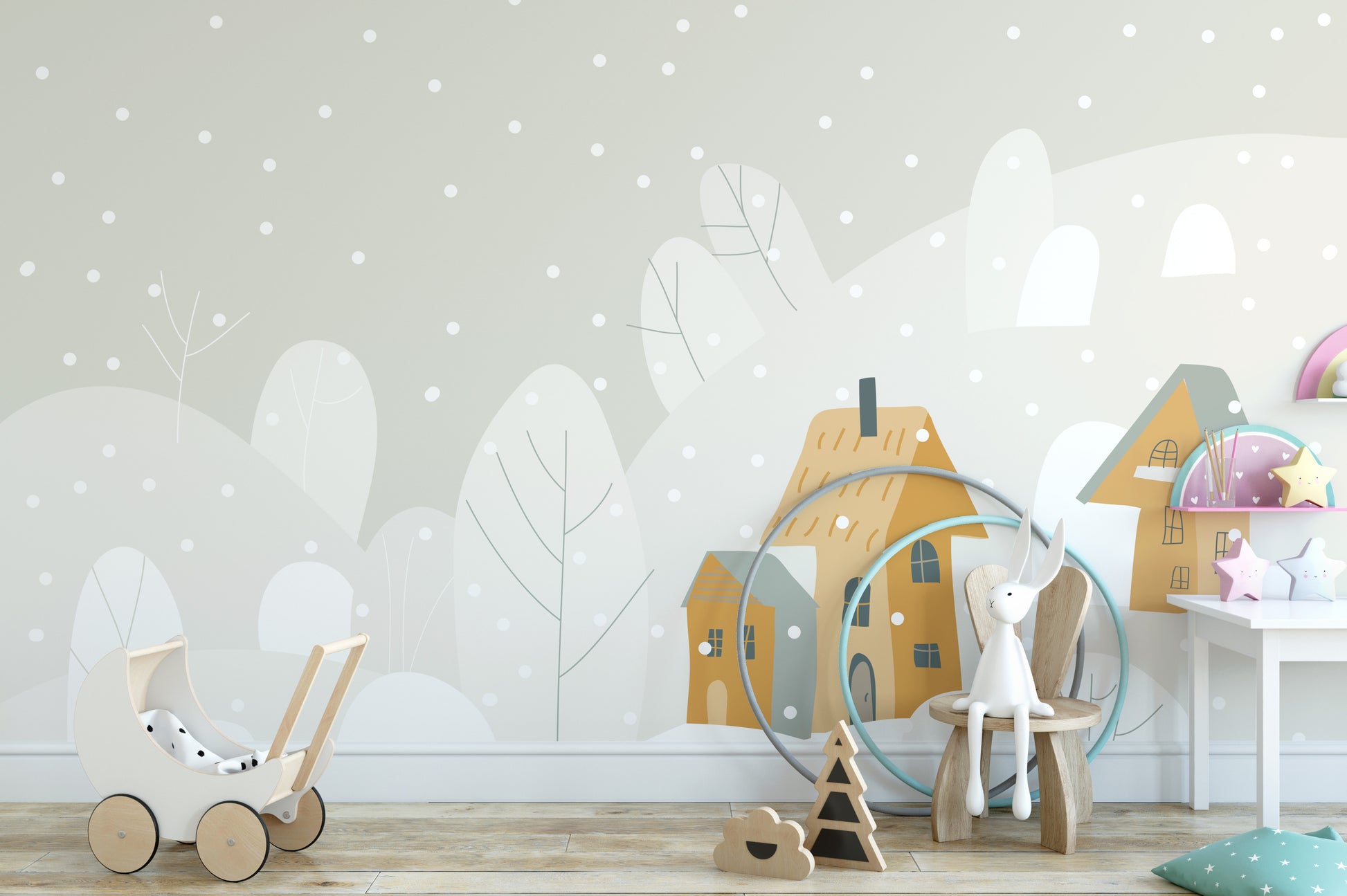 Cartoon Winter Cottages Wallpaper Mural - Giffywalls