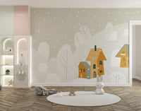 Whimsical snowy landscape mural design