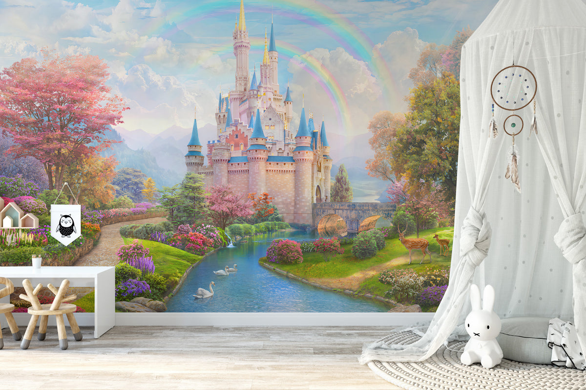Enchanting Princess Castle wallpaper mural shown as a full feature wall that highlights the design