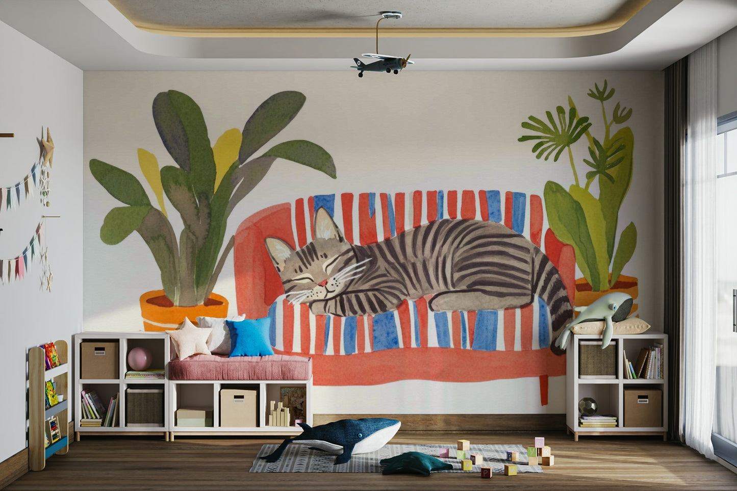Hand-painted cat nap mural in warm neutral shades

