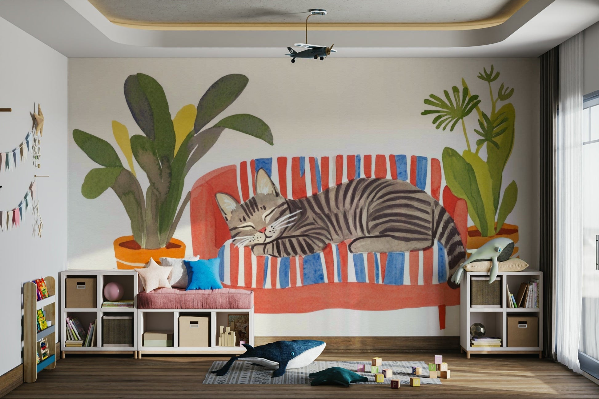 Hand-painted cat nap mural in warm neutral shades

