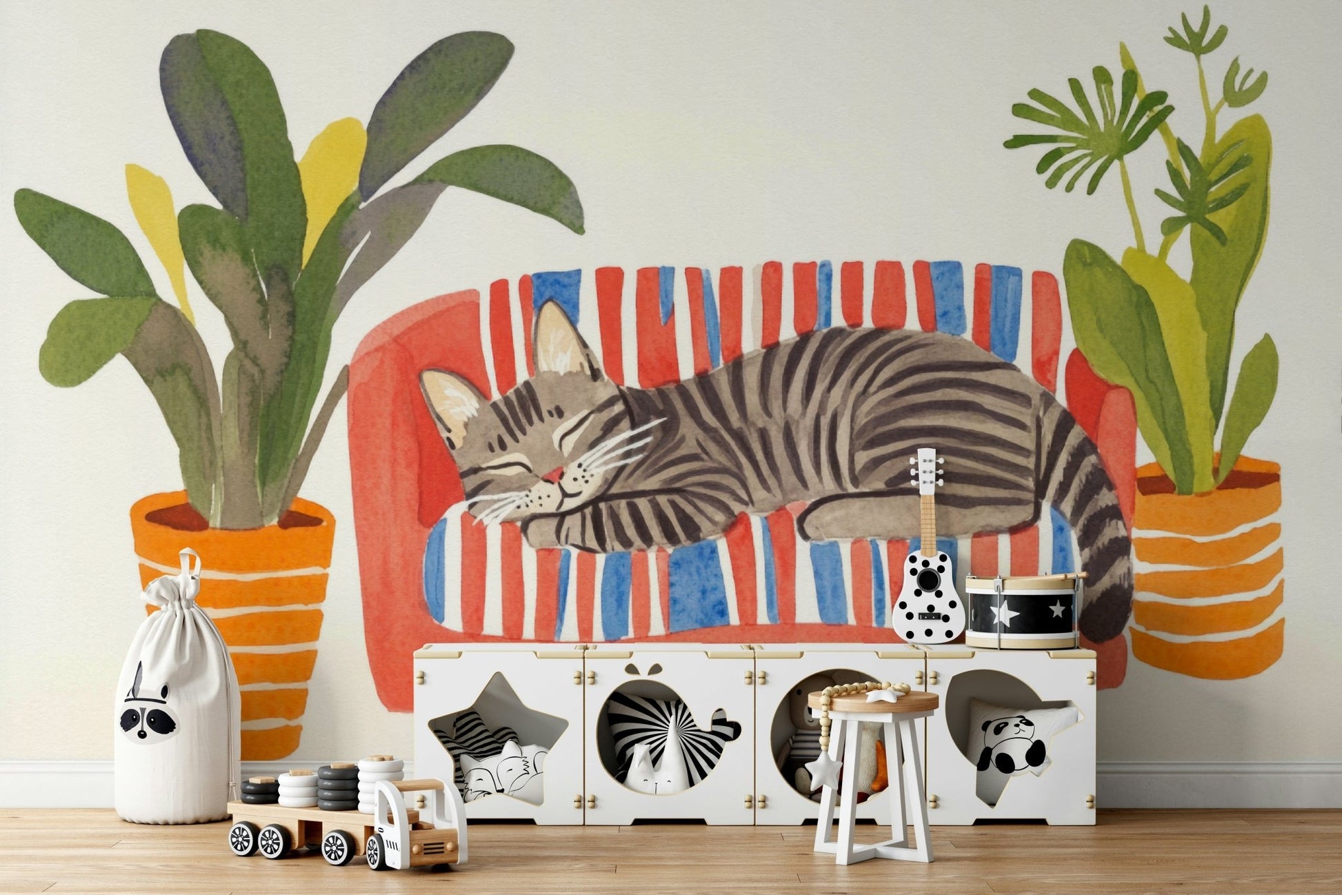 Cozy corner styled with feline-themed wall mural

