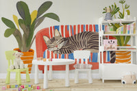 Playful cat illustration in dreamy mural setting

