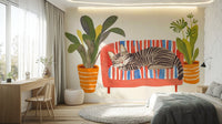 Whimsical cat mural in gentle pastel tones

