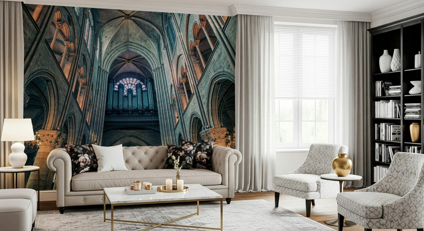 Cathedral arches mural in reading nook, warm color and calm style