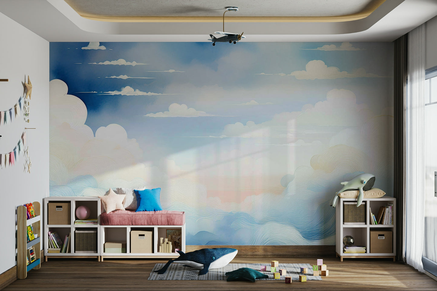 Bright sky-themed wall decor in a sunlit dining area with large windows.