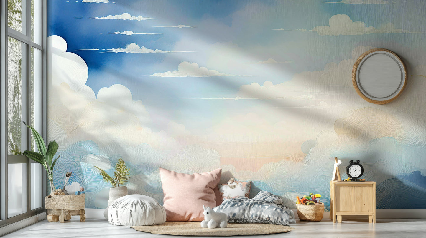Celestial Blue Sky Wall Mural used as a focal point in a contemporary lounge.