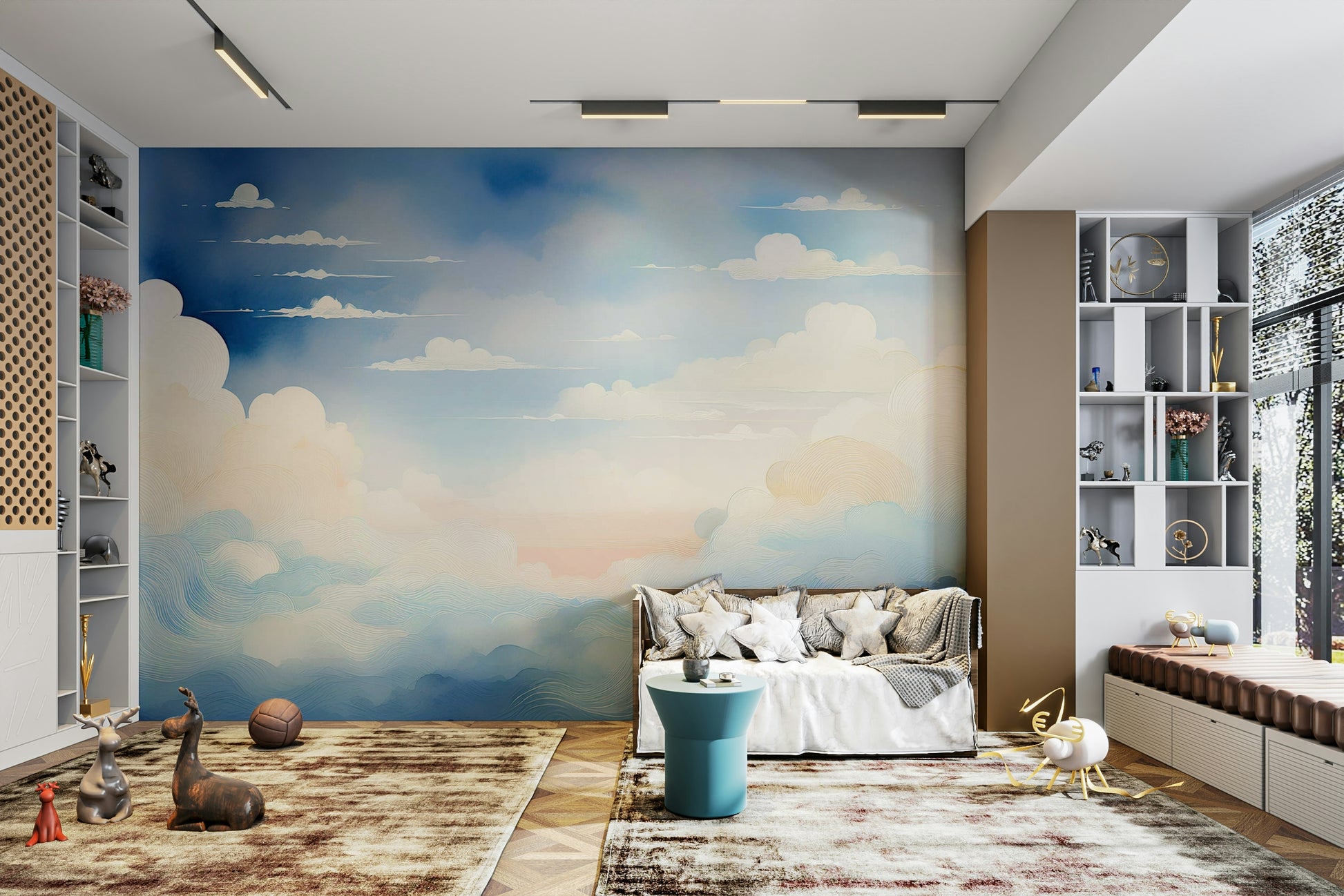 High-resolution sky print wall decor for a bright home office setup.