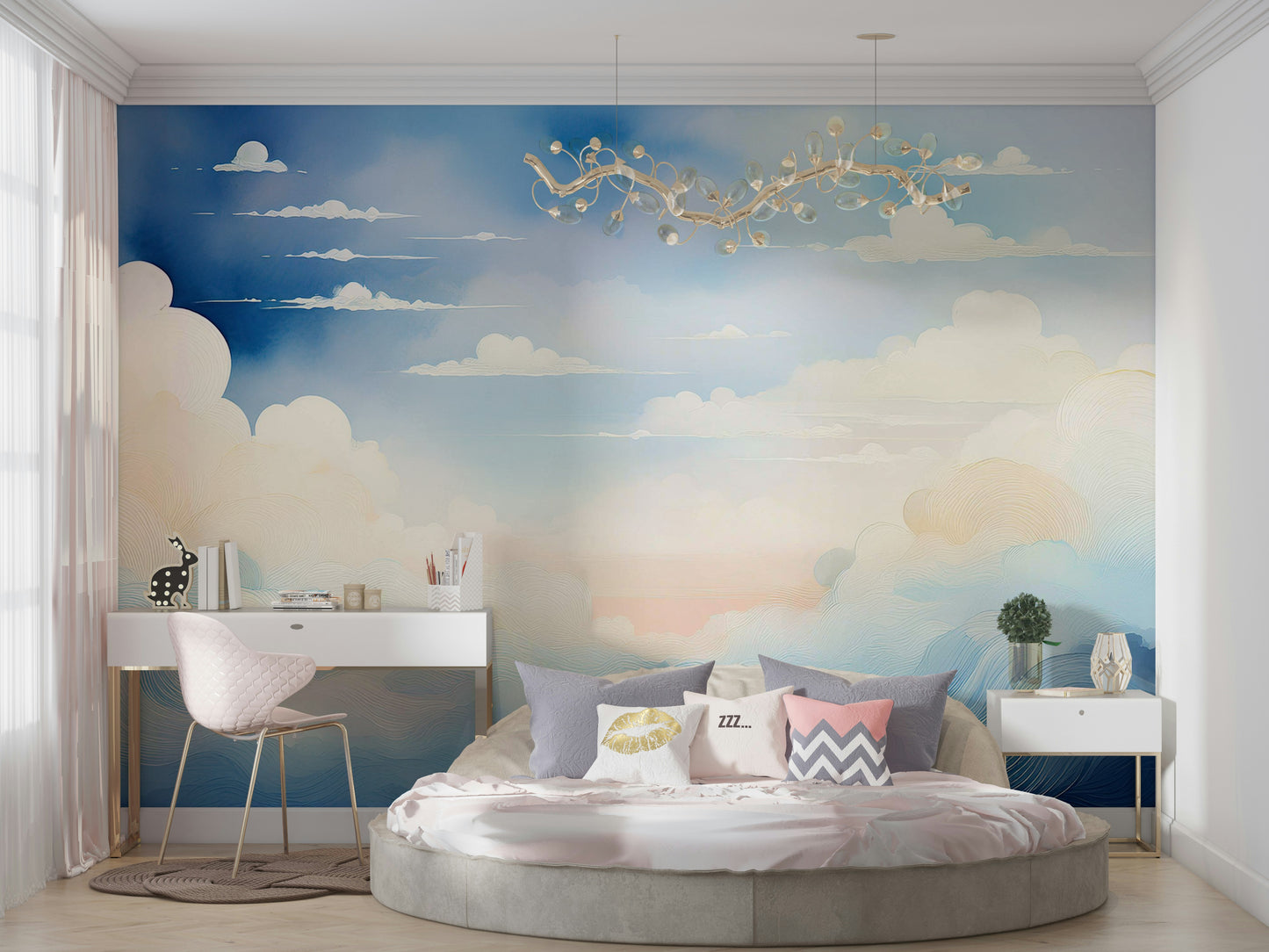 Celestial Blue Sky Wall Mural on a modern living room accent wall with white furniture.