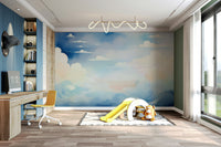 Daytime clouds and blue sky wallpaper in a minimalist master bedroom.