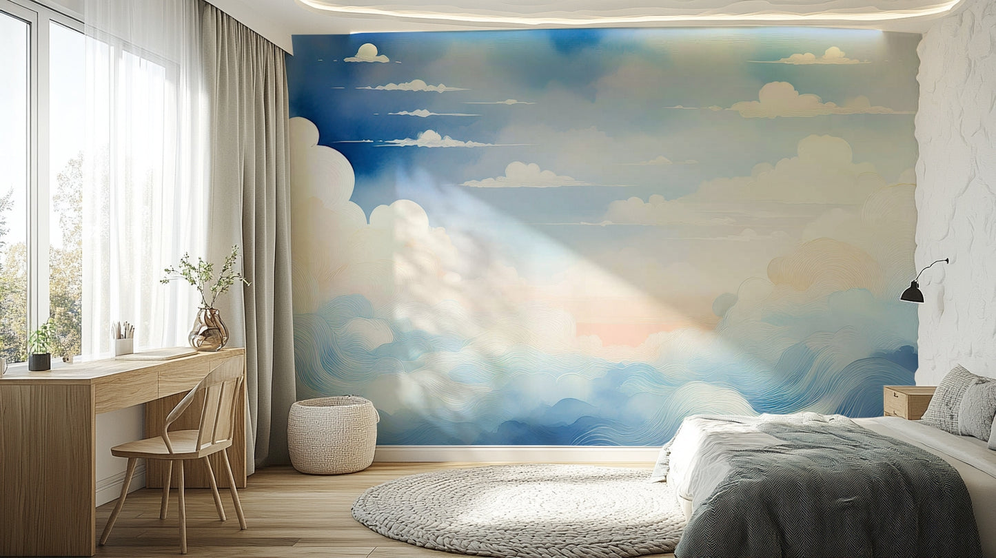 Modern apartment hallway decorated with a panoramic sky view wall mural.