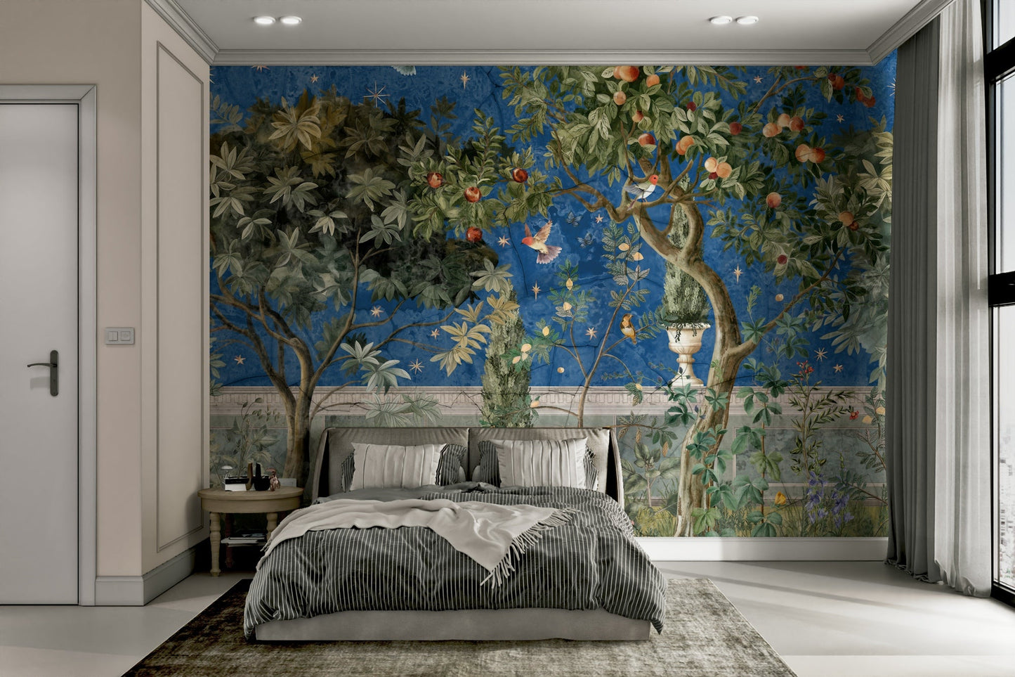 Wall mural with leaves and celestial details

