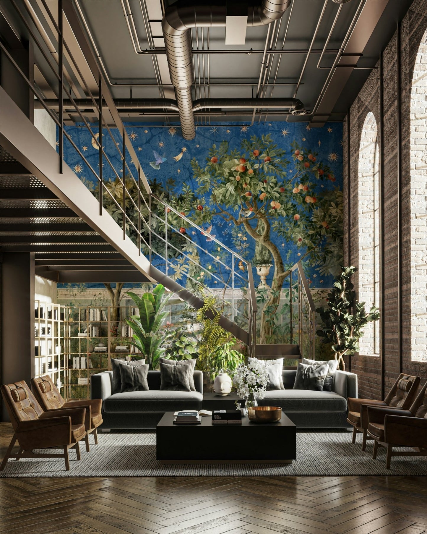 Dreamlike mural wallpaper in muted tones

