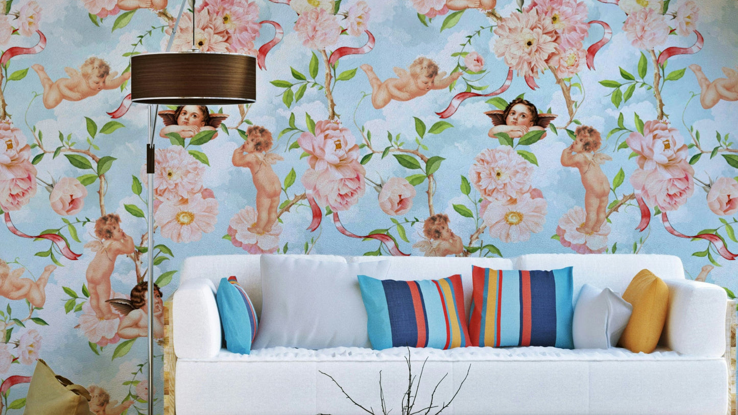 Celestial Cherubs & Blossoms Wallpaper with angels and florals.

