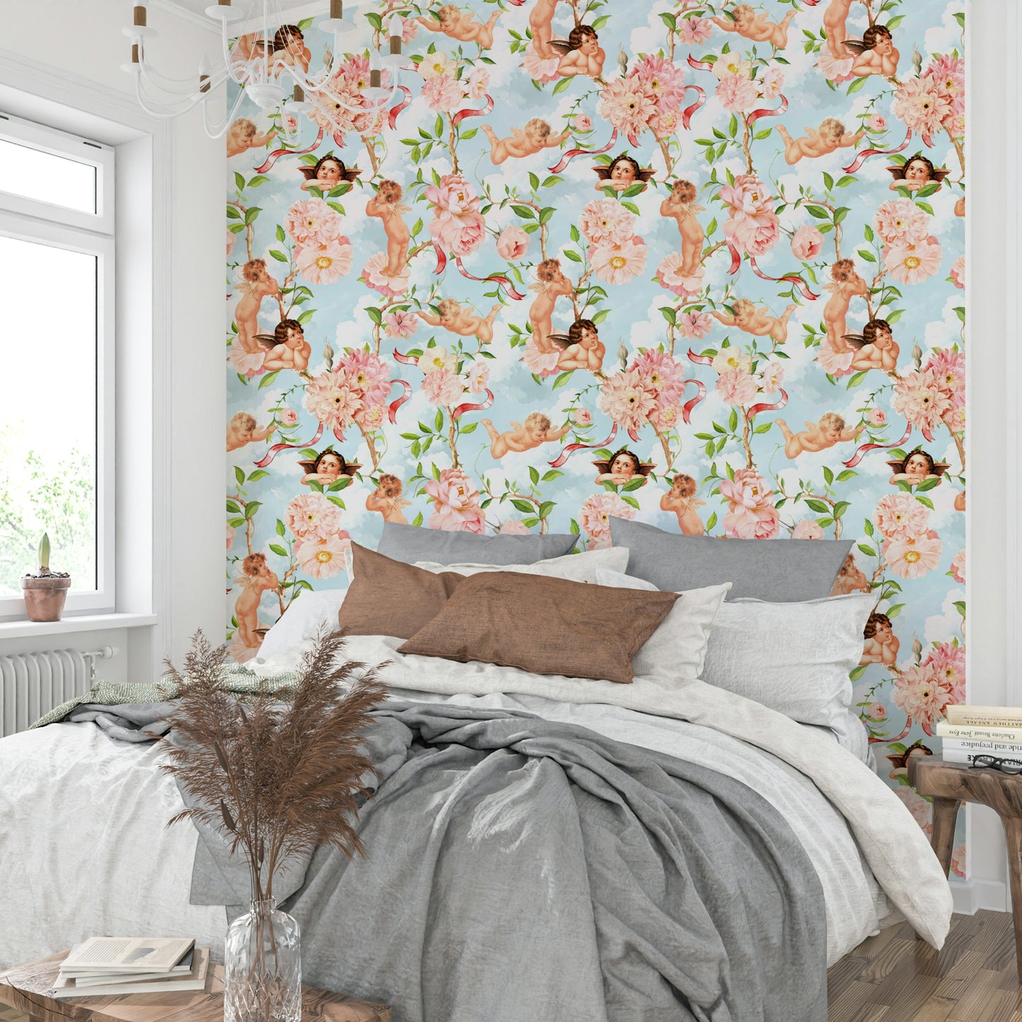 Vintage-inspired mural with cherubic figures and romantic florals.

