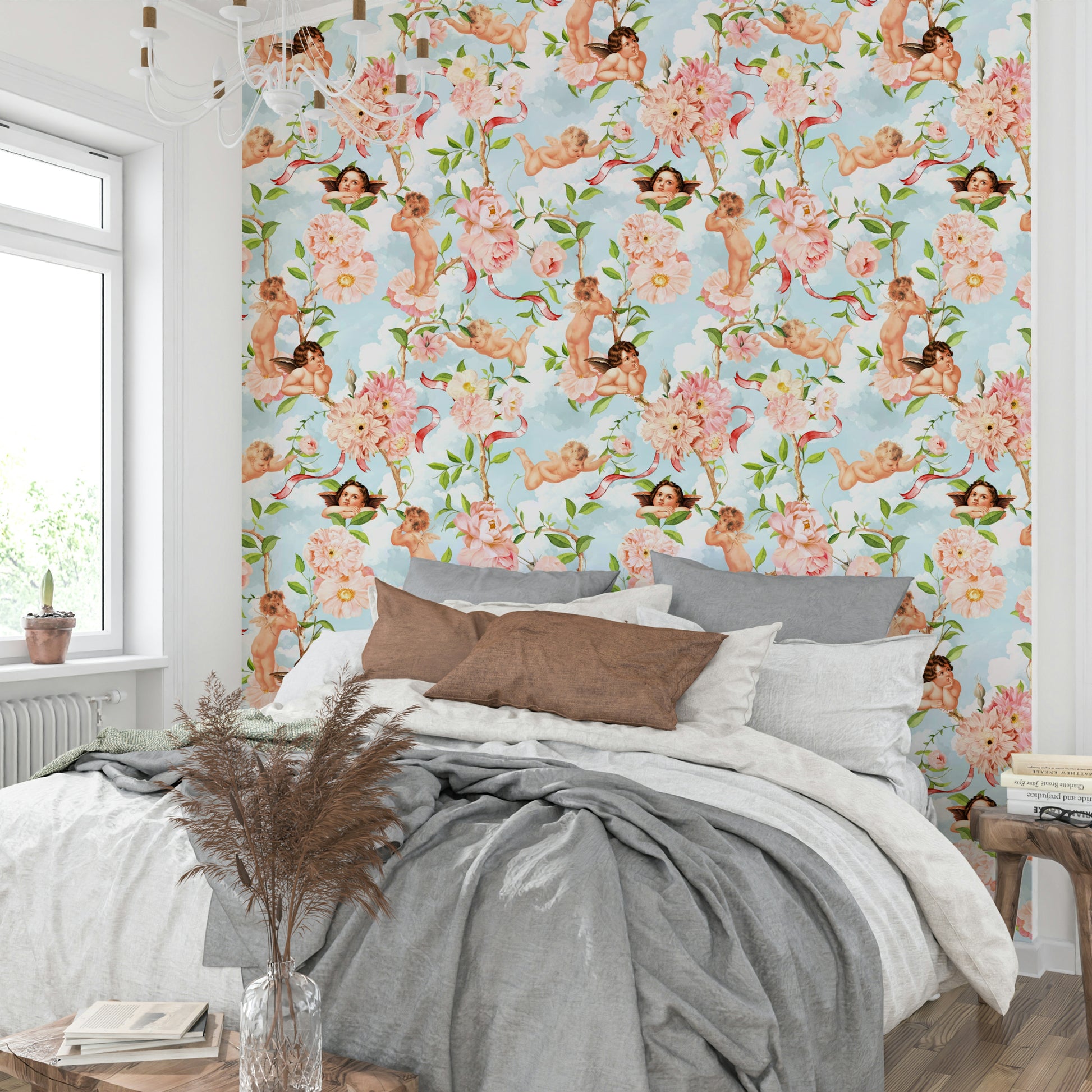 Vintage-inspired mural with cherubic figures and romantic florals.

