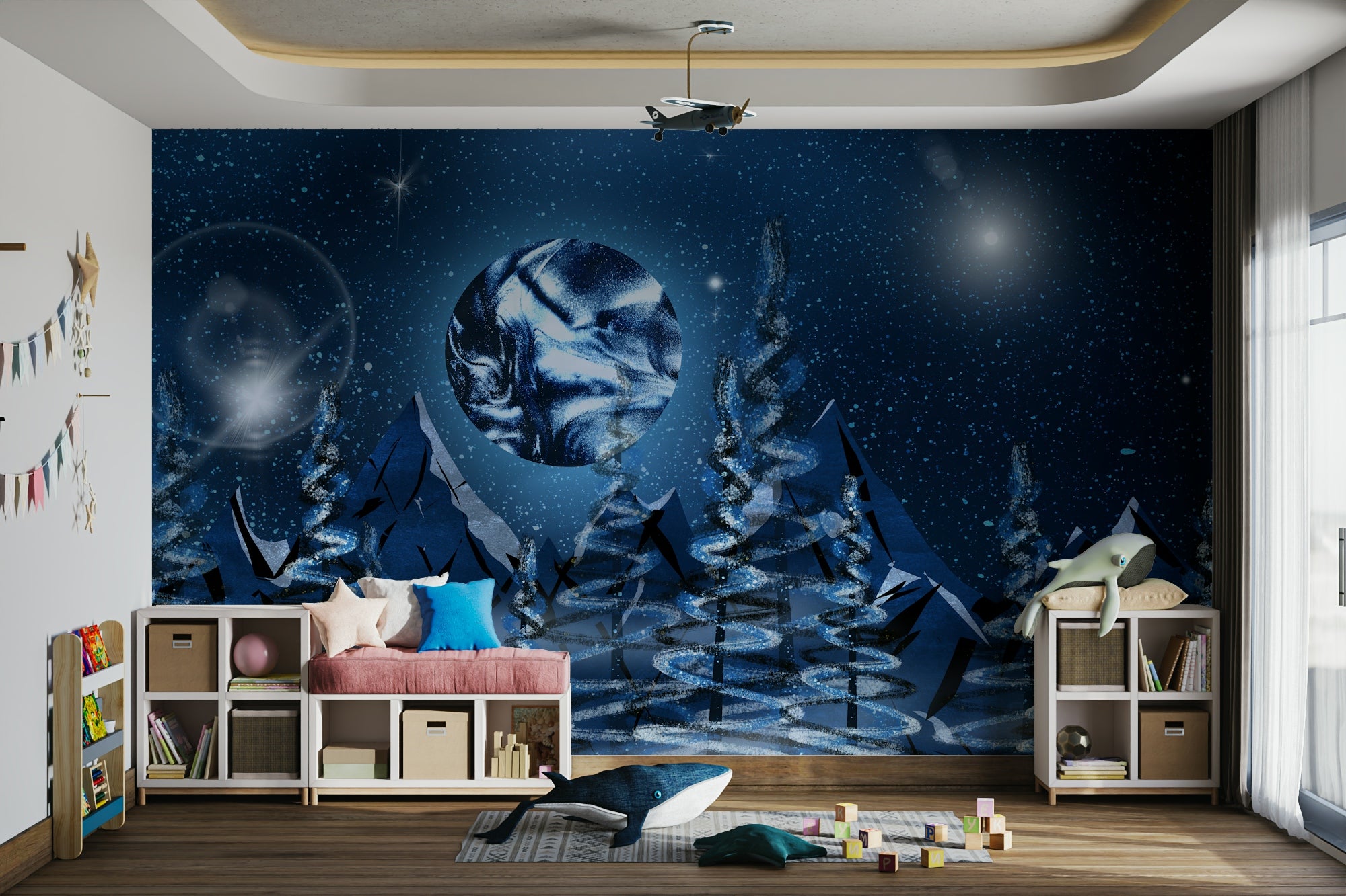 Celestial Pines mural of a starry blue night with a marbled planet and frosted pines in a kids playroom with storage cubes