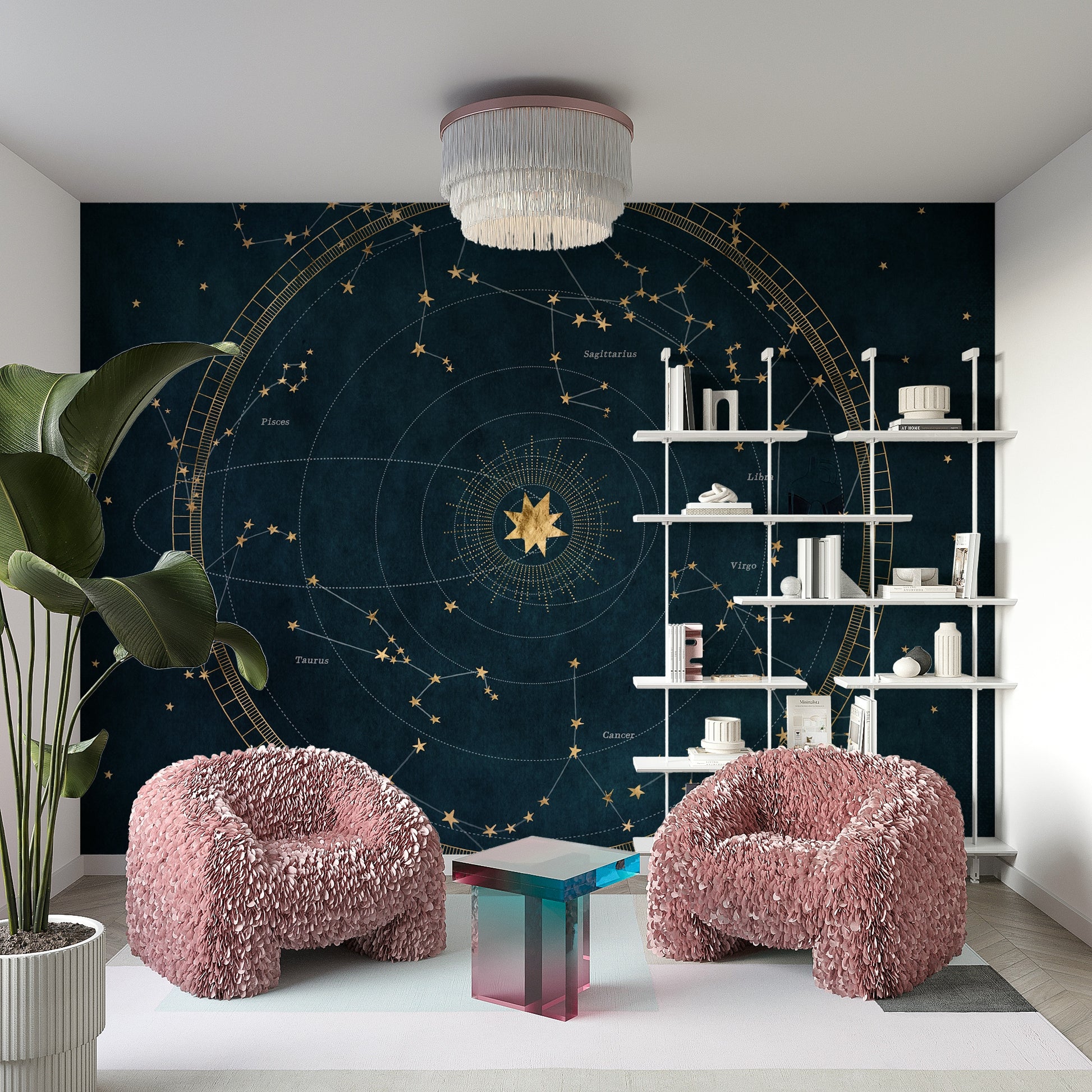 Stunning cosmic star chart design mural for living spaces.

