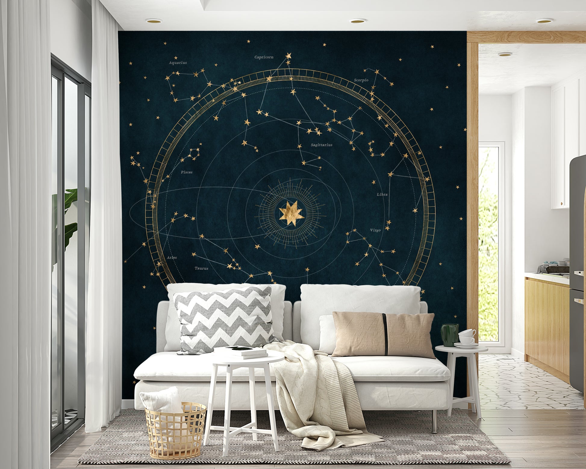 Astronomical star chart mural for a tranquil and celestial room.

