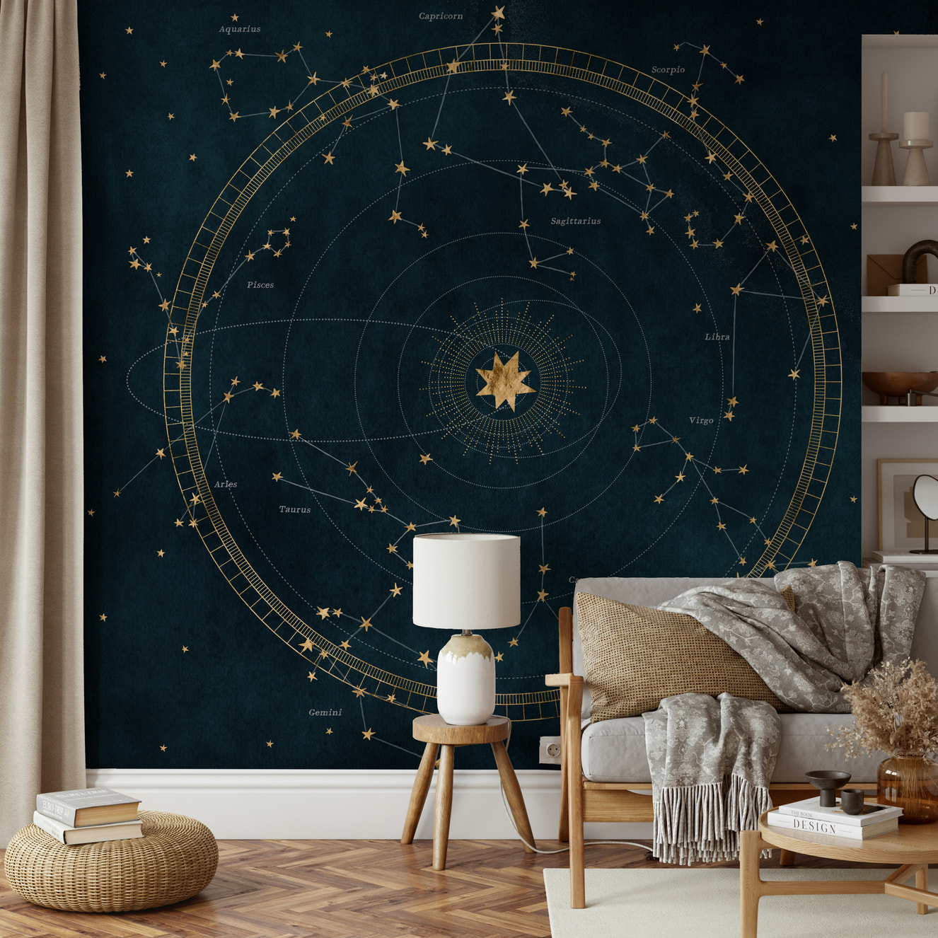 Cosmic star chart mural wallpaper with deep blue starry background.

