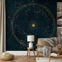 Cosmic star chart mural wallpaper with deep blue starry background.

