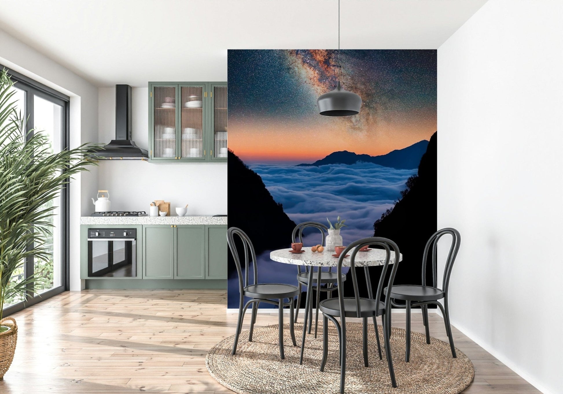 Dreamy valley wall mural featuring blue sky, drifting clouds, and shaded mountains wallpaper
