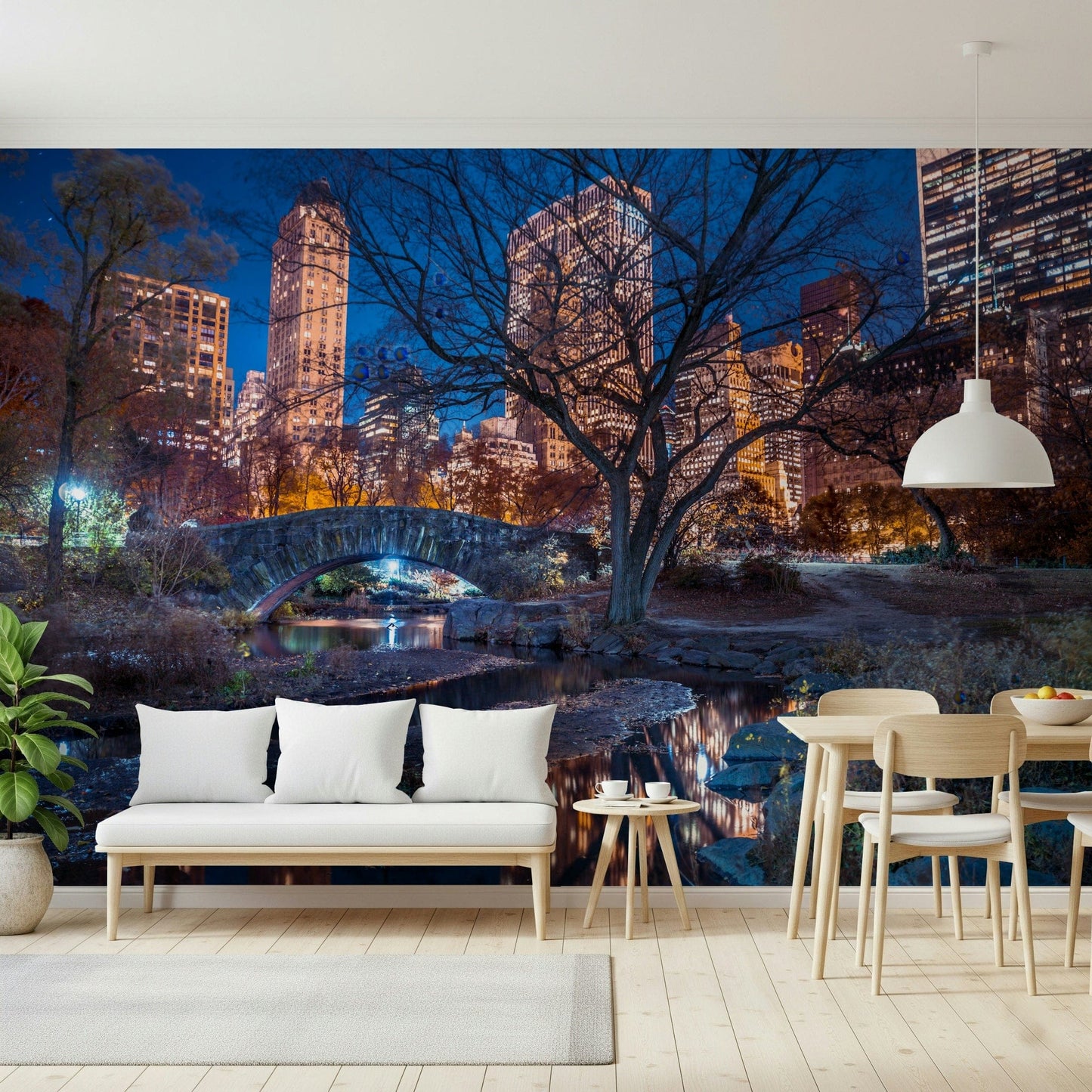Calm water reflections Central Park at Night wallpaper