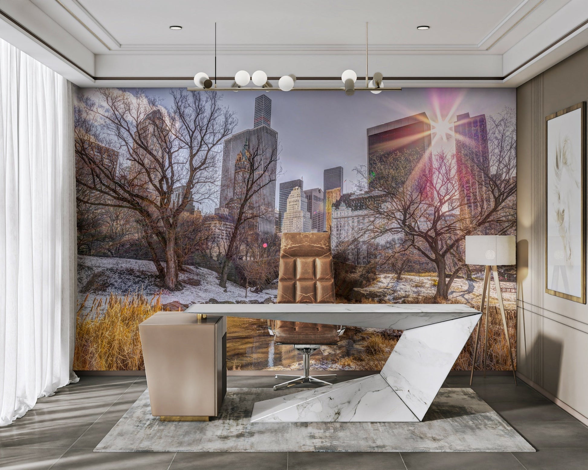 Iconic New York City skyline in the background.

