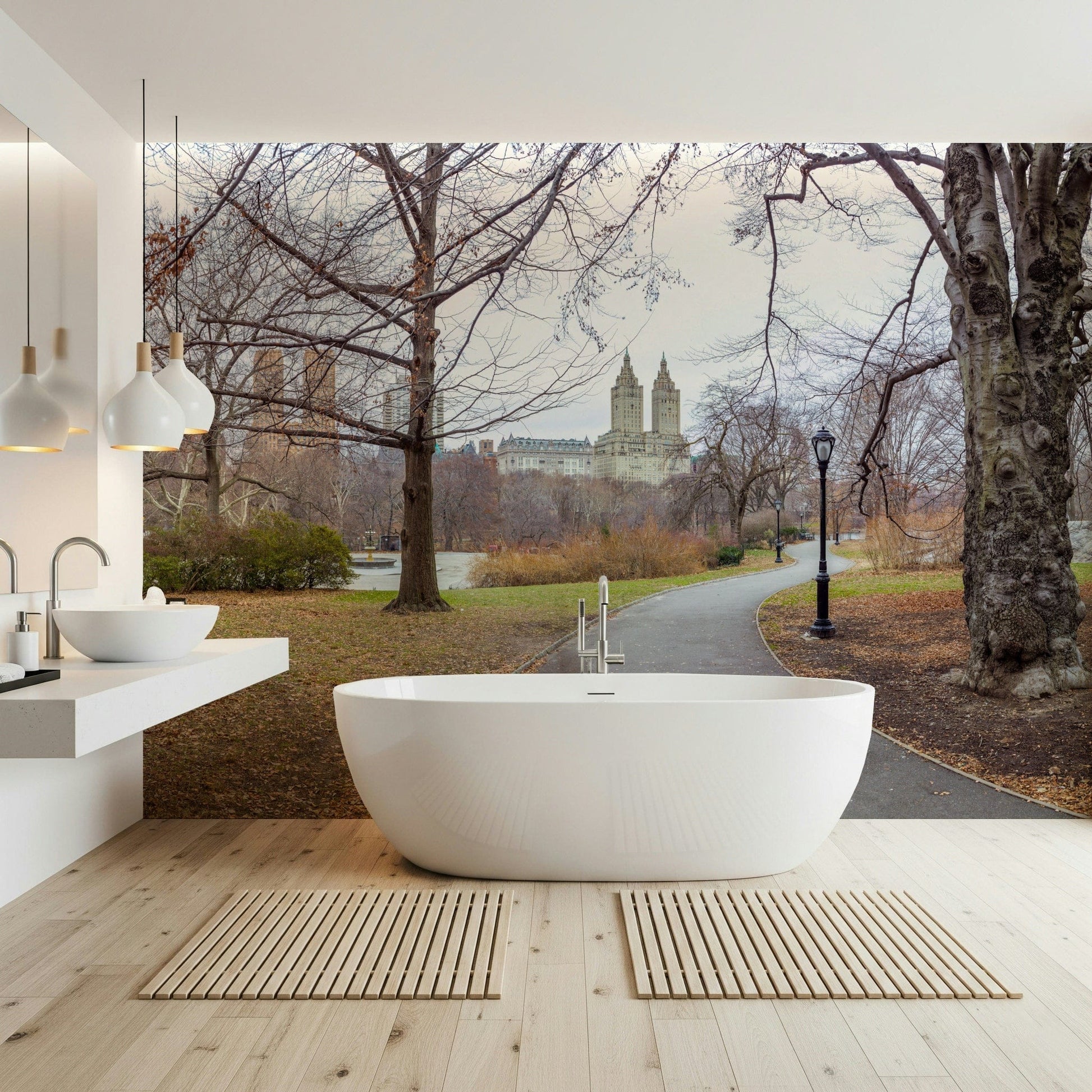 Urban nature panorama wallpaper in lounge, modern decor, subtle color contrast on main wall
