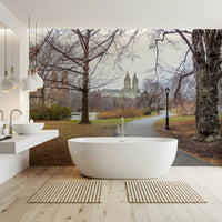 Urban nature panorama wallpaper in lounge, modern decor, subtle color contrast on main wall