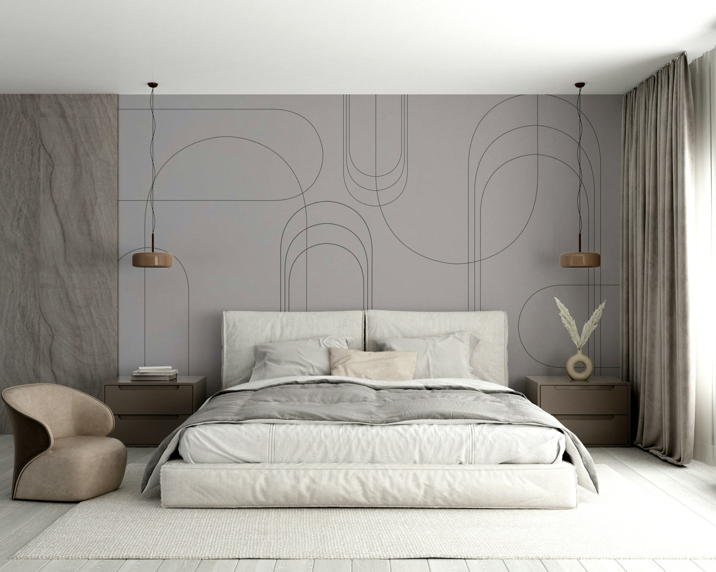 Geometric arches mural in charcoal finish

