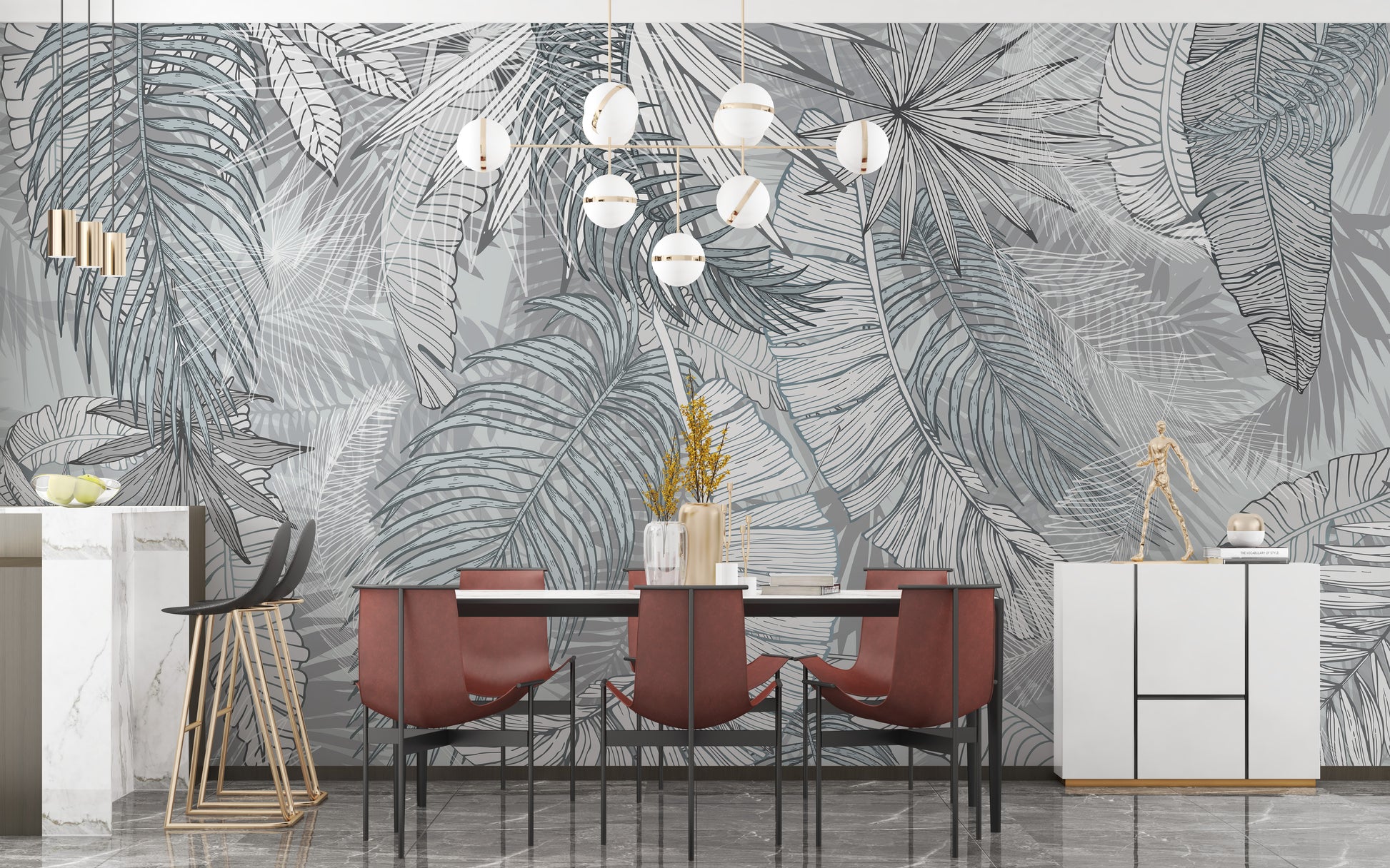 Grey & White Charcoal Leafy Illustrated Wallpaper Murals - Giffywalls